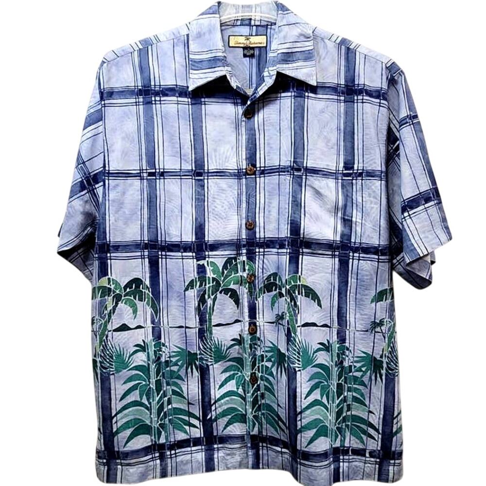 Tommy Bahama Men's Blue Plaid Short-Sleeved Button-Up 100% Silk Shirt Medium
